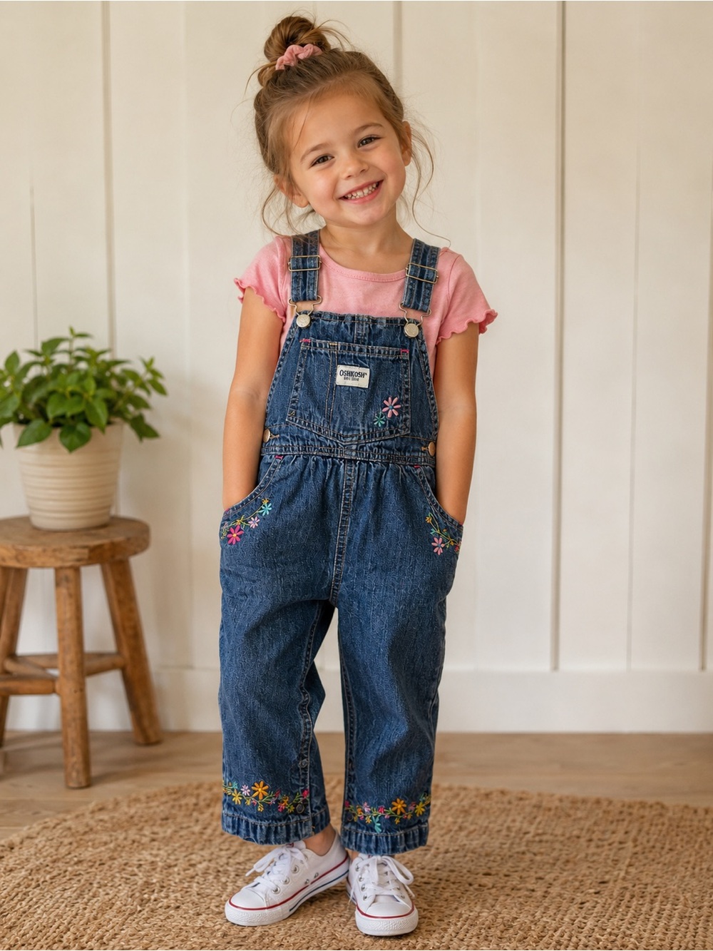 Vintage Osh Kosh Dark Blue Denim Overalls  Floral Embroidery 12 Months